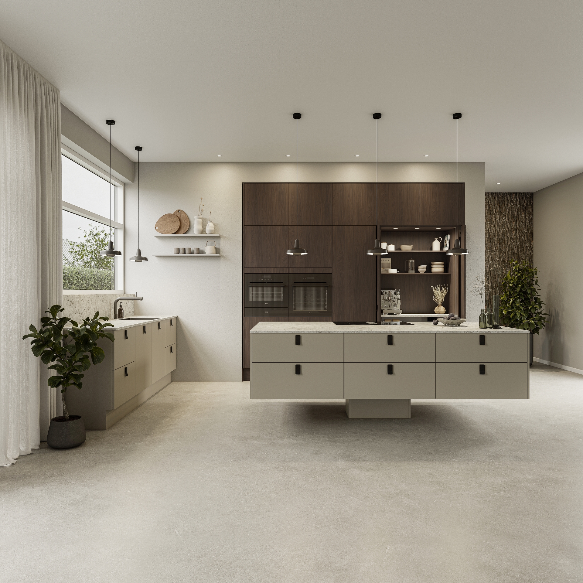 Modern by Designa mørk eik kjøkken og Silk by Designa gråbrun