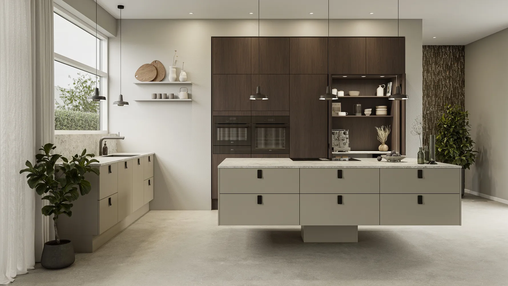 Modern by Designa mørk eik kjøkken og Silk by Designa gråbrun