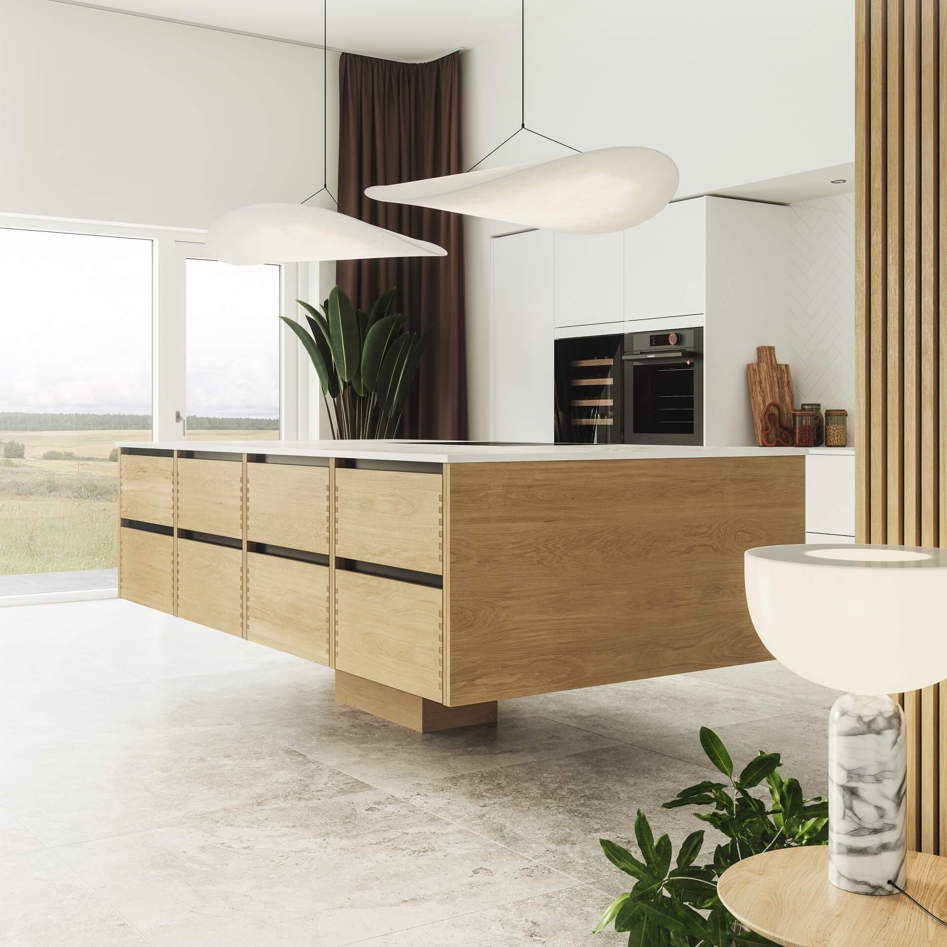 Silk by Designa kjøkken i hvit kombinert med Nature by Designa fingerfrest