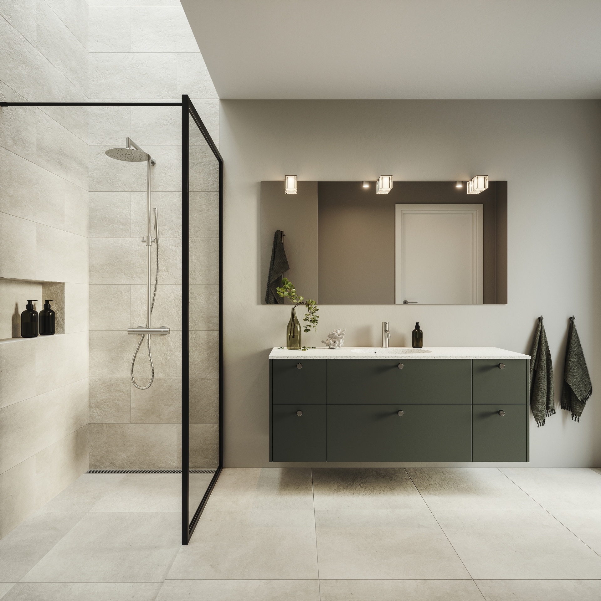 Silk by Designa bad ultramat svart med hvit stone bordplate og Cassøe armatur i børstet stål