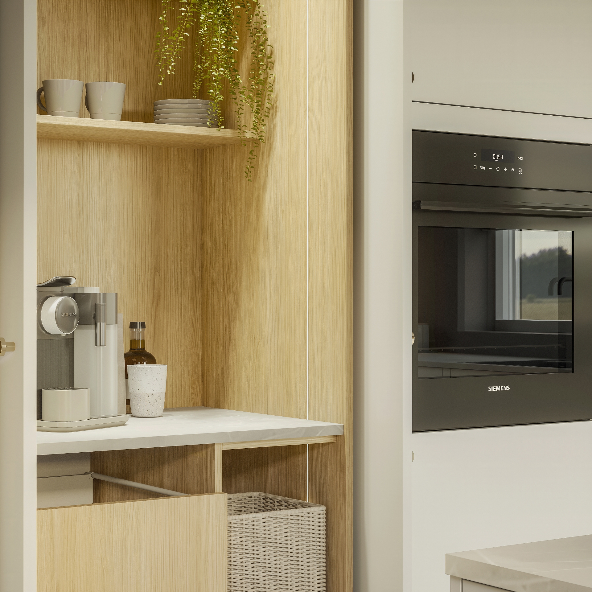 Color by Designa kjøkken i hvit med trestruktur eik