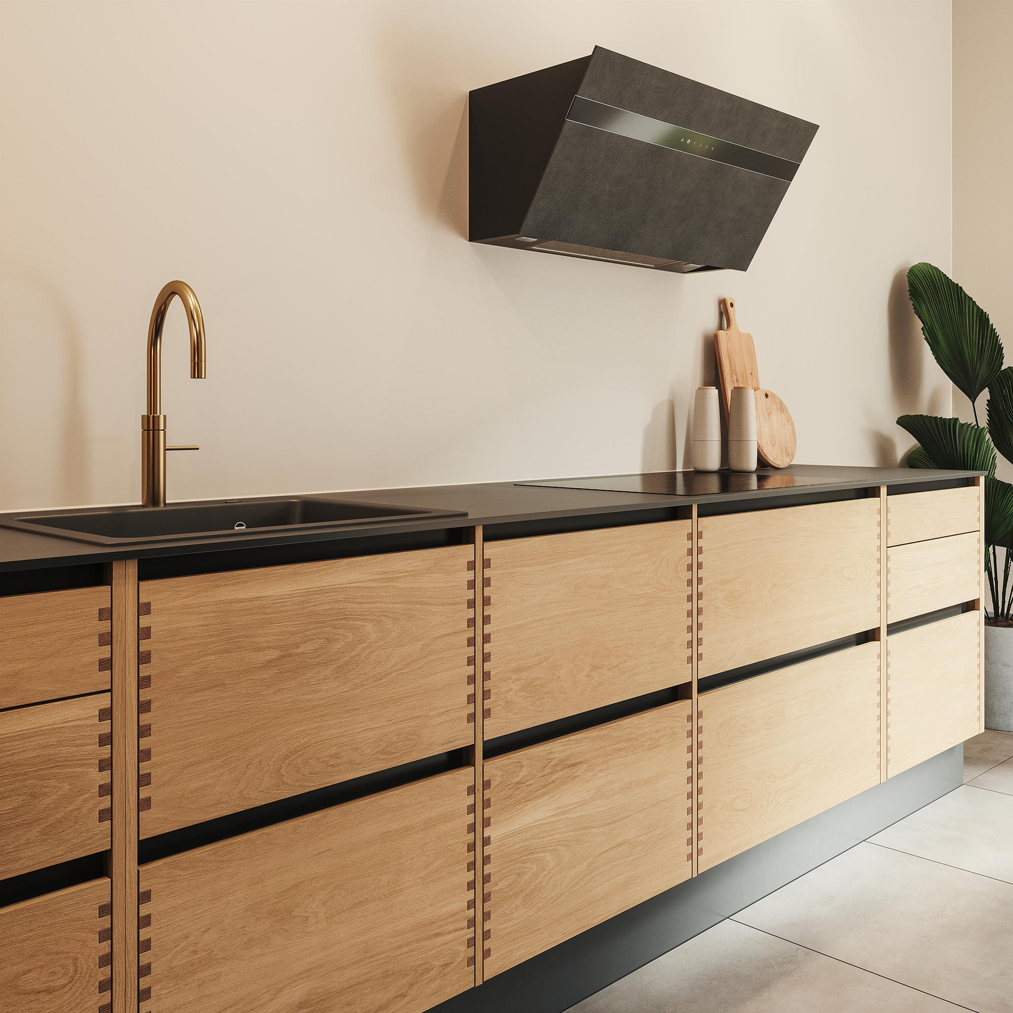 Silk by Designa køkken i sort kombineret med Nature by Designa fingertappet eg 