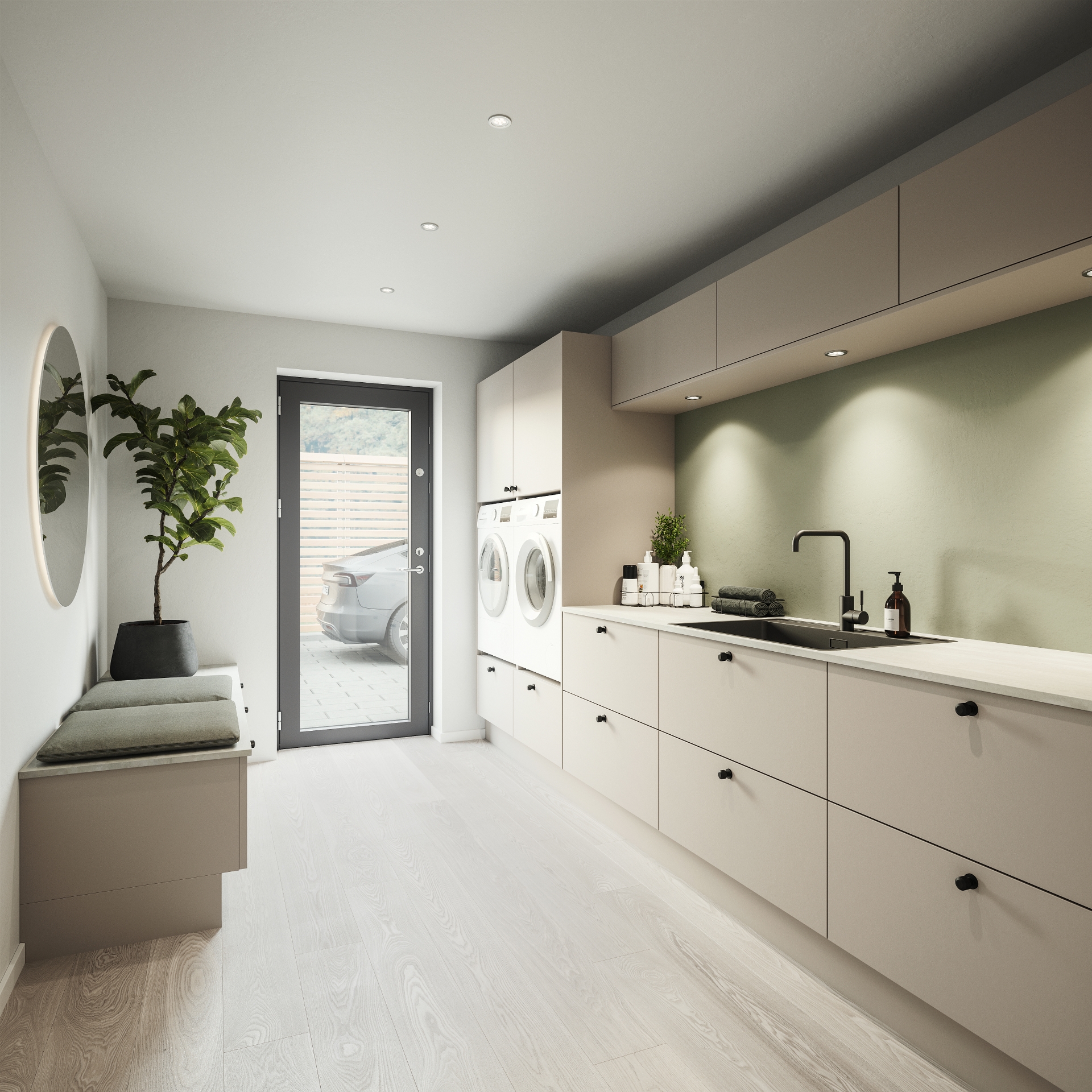 Color by Designa brygger i beige med 20mm laminat bordplate og Cassøe armatur i matt svart