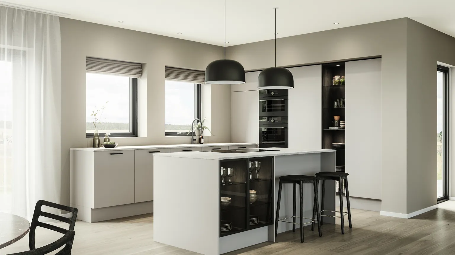 Silk by Designa i sand kombinert med Classic by Designa vitrineskap med svart ramme