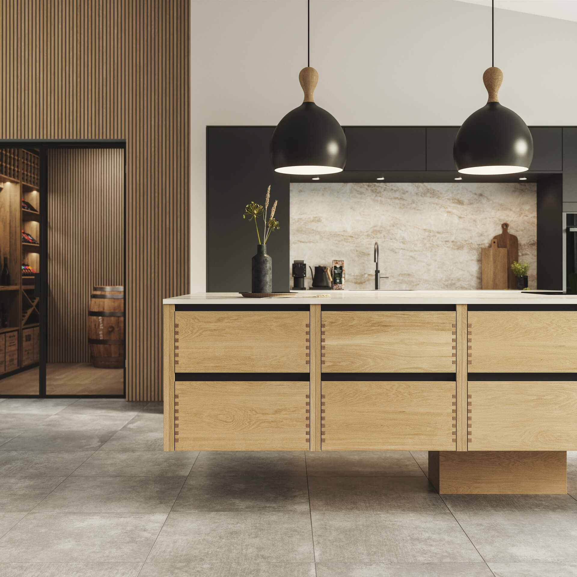 Silk by Designa kjøkken i svart kombinert med Nature by Designa fingerfrest