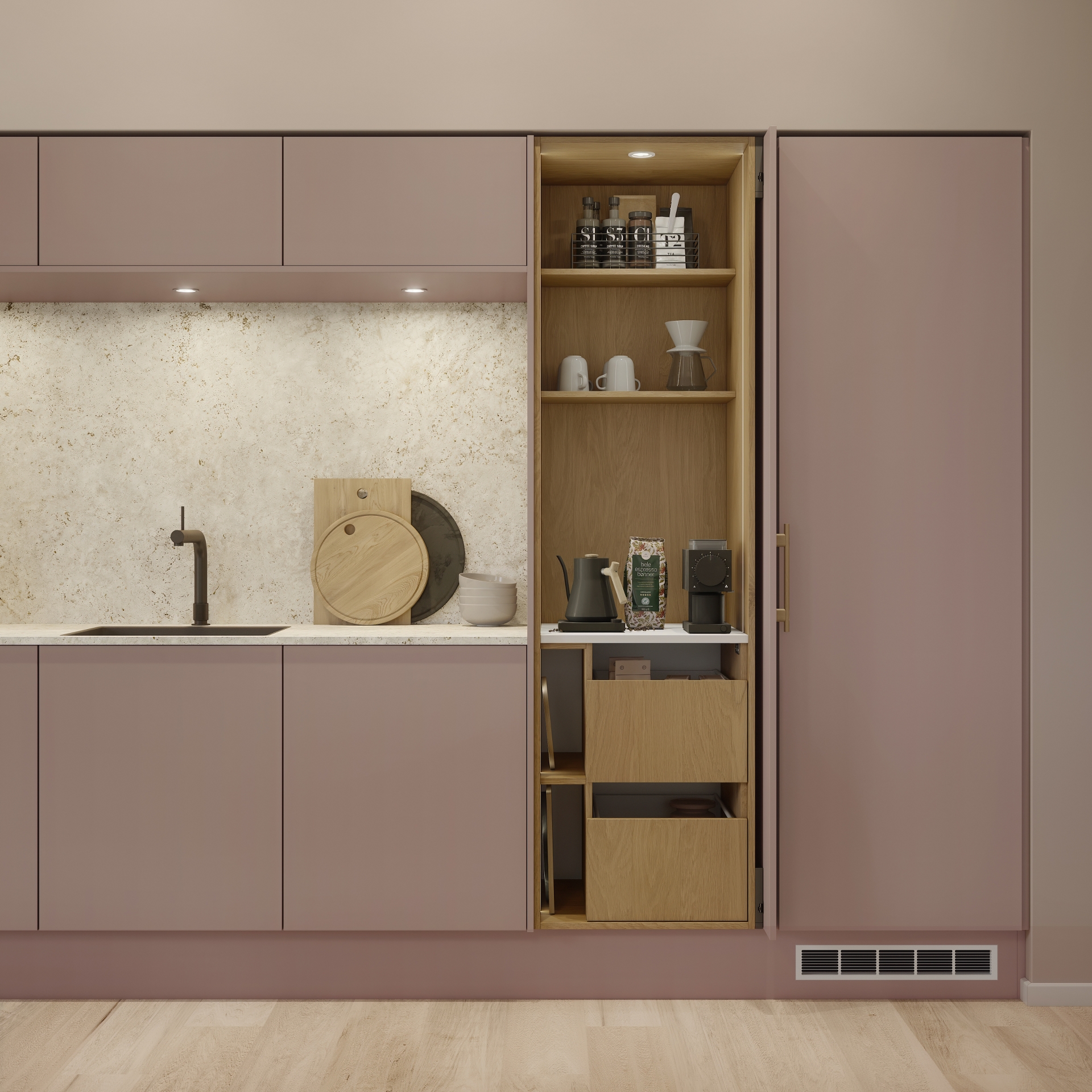 Color by Designa rosa kjøkken og Nature by Designa natur eik