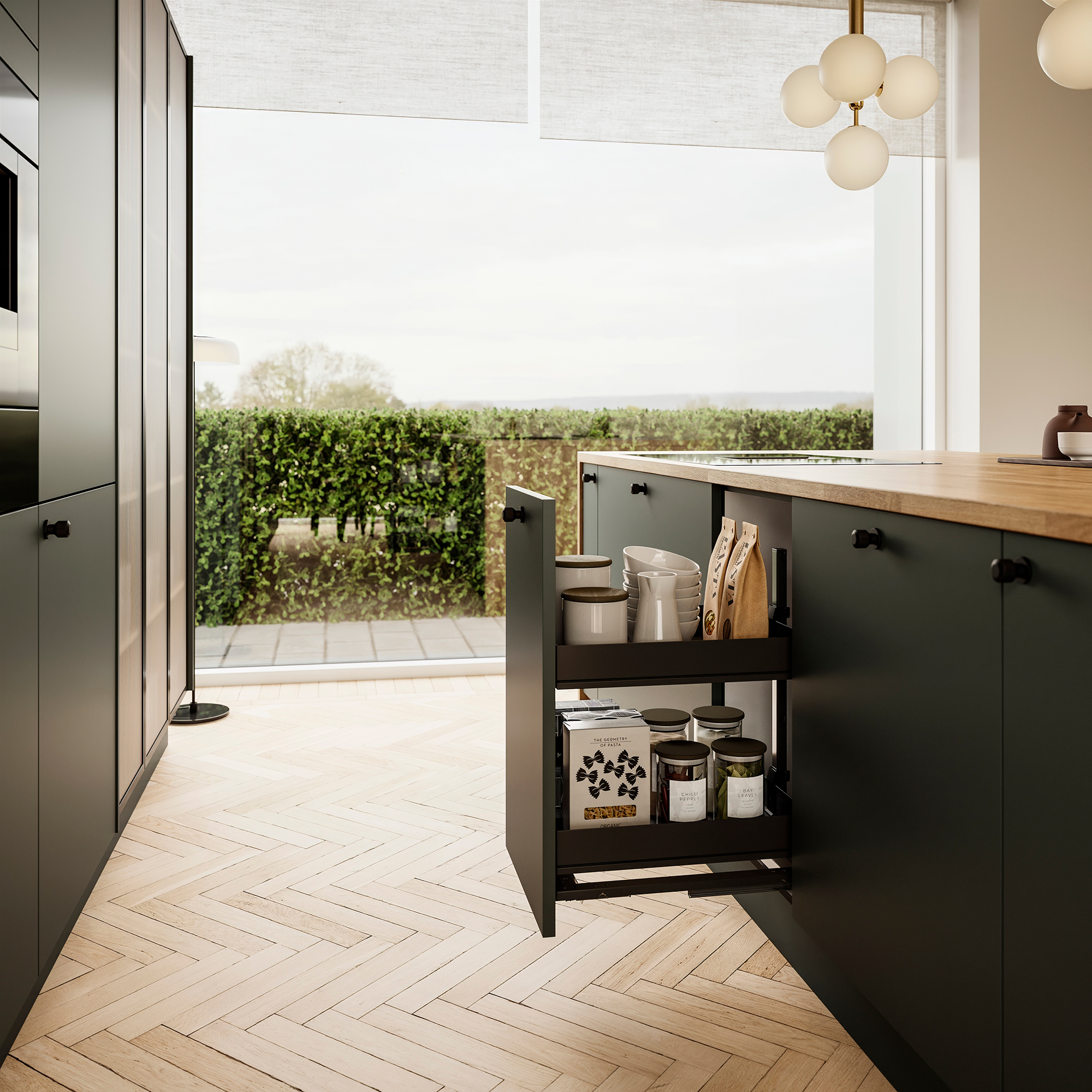 Silk by Designa køkken i grøn med riflet glas i sort alu-ramme