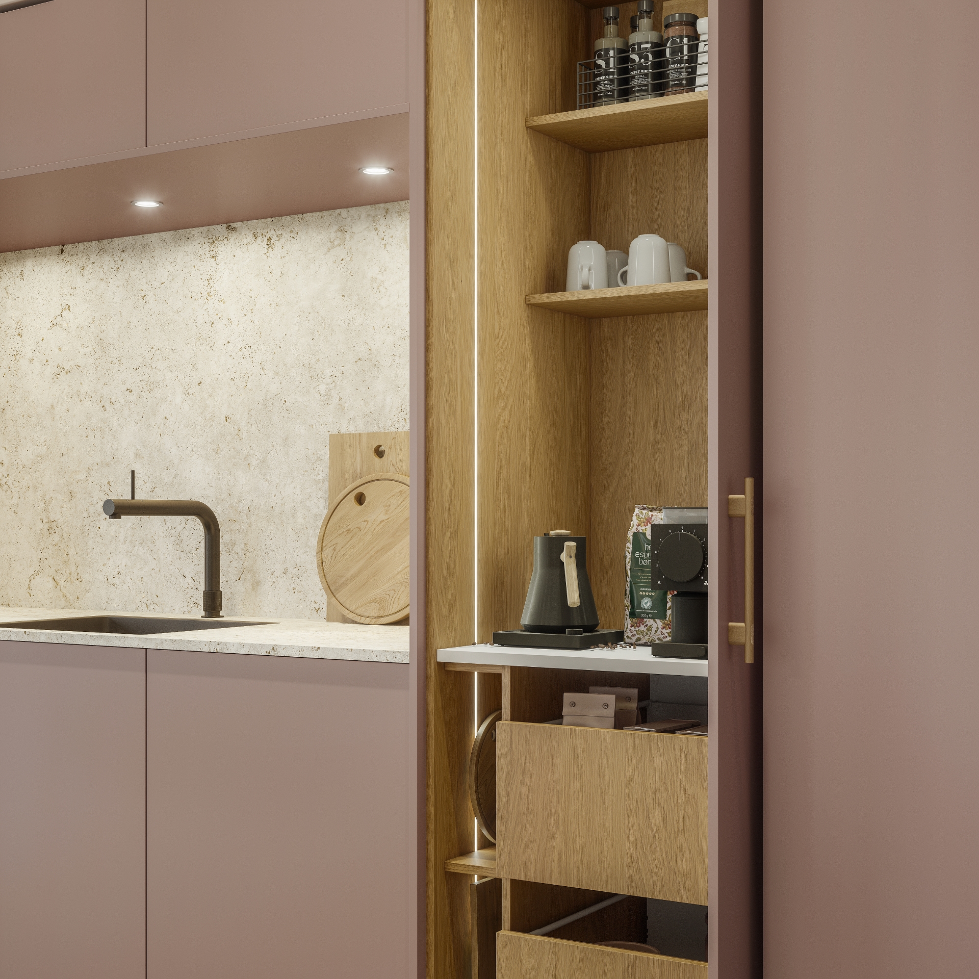 Color by Designa kjøkken i rosa og Nature by Designa natur eik