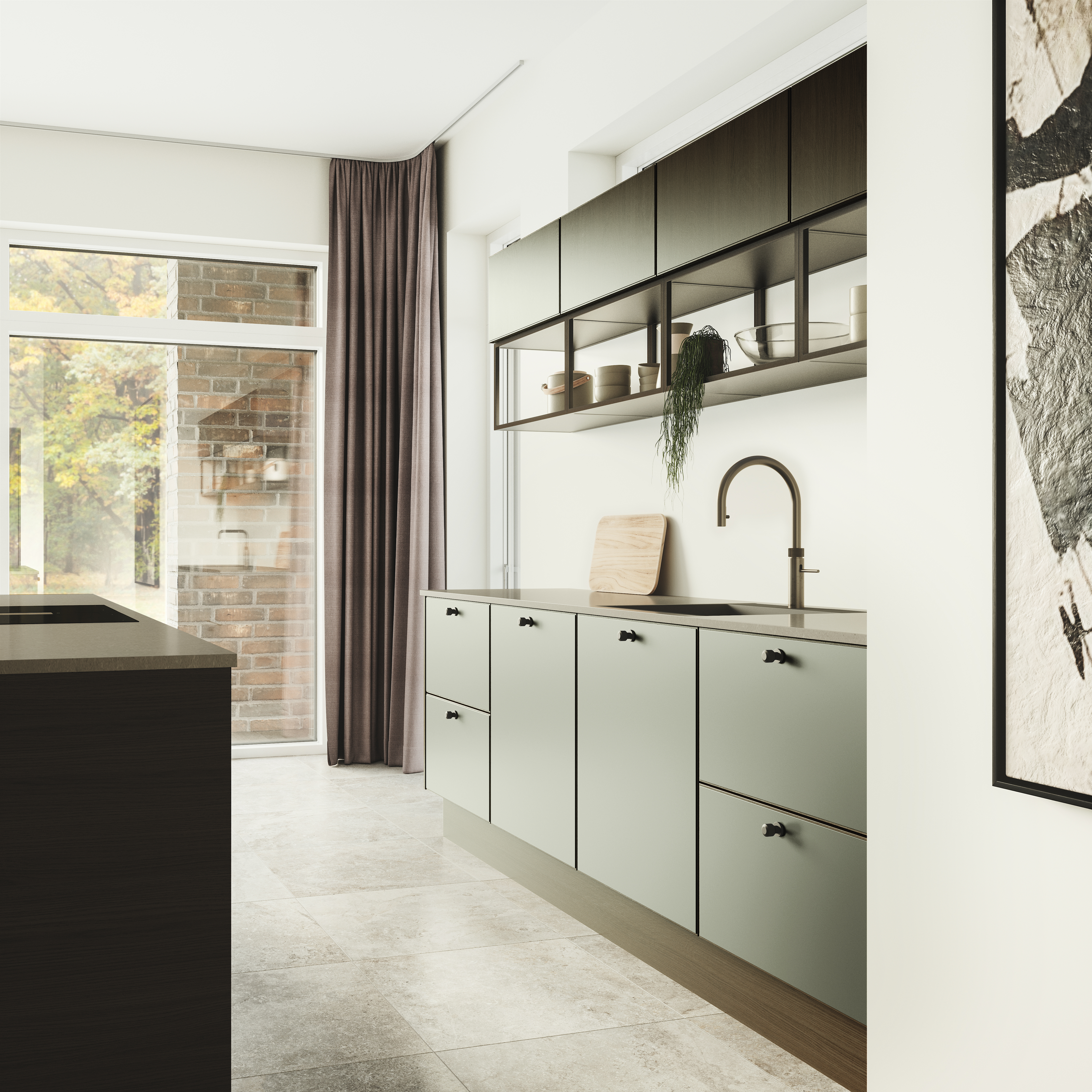 Nature by Designa kjøkken grå linoleum og brun eik