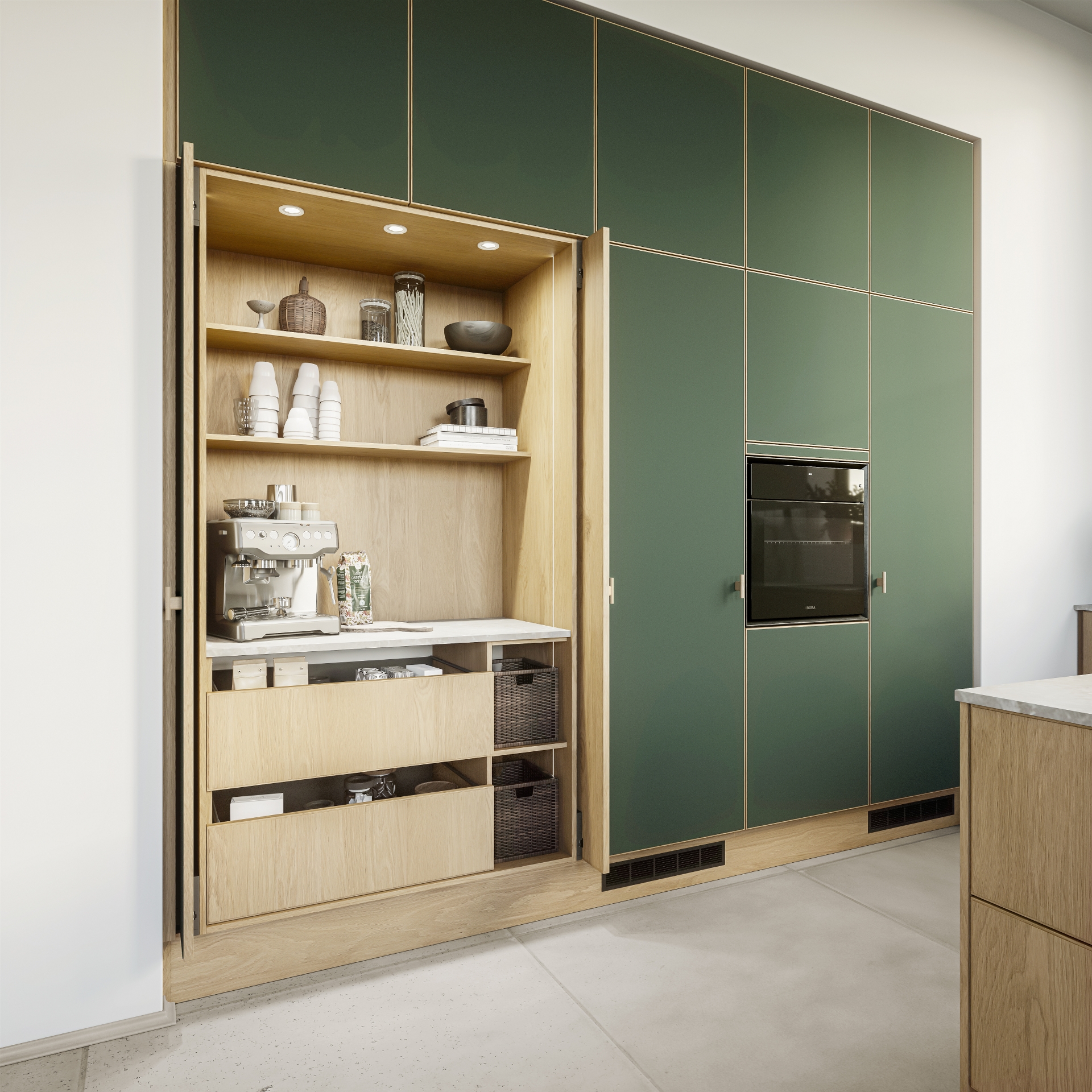 Nature by Designa køkken i rustik natur eg og grøn linoleum