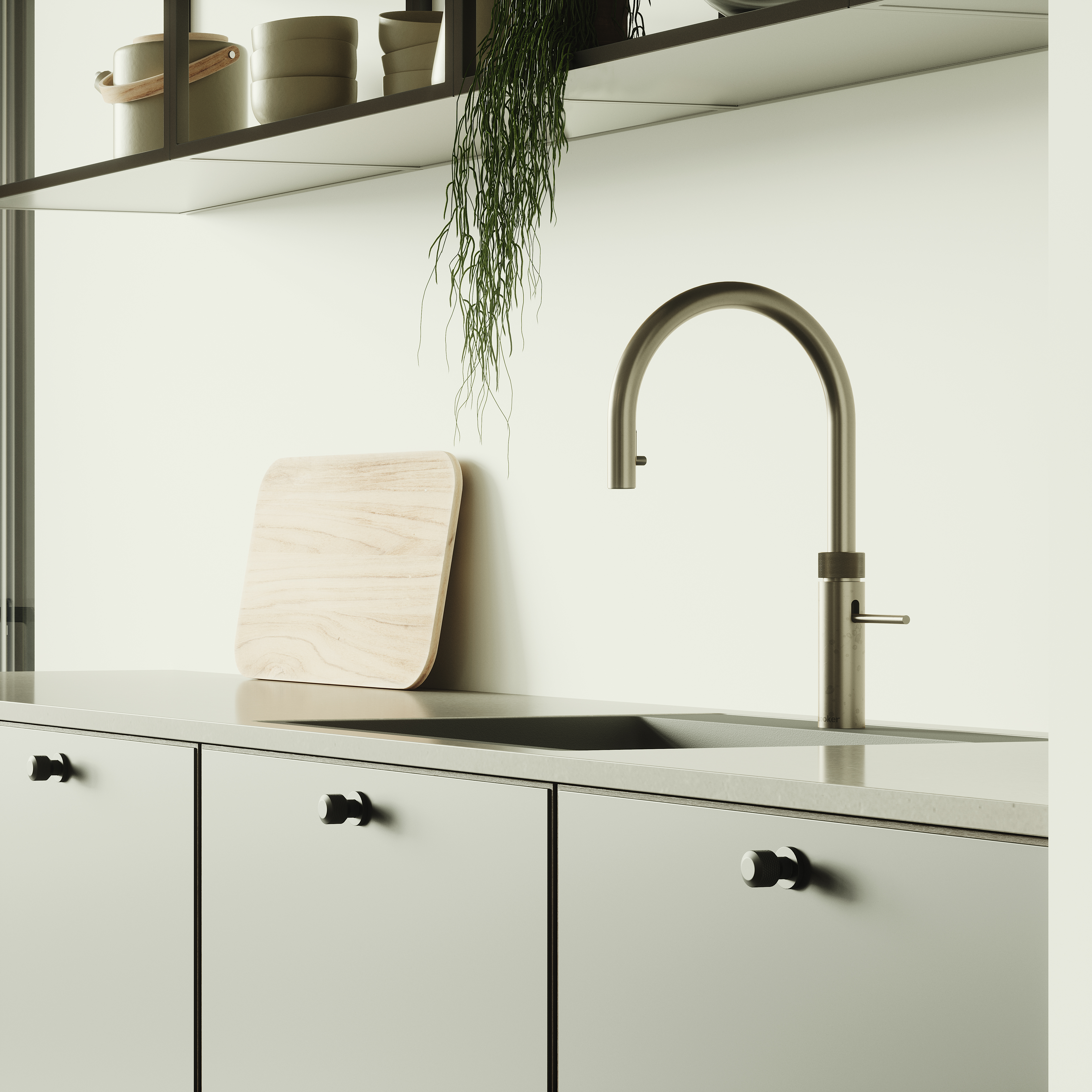 Nature by Designa kjøkken grå linoleum og brun eik