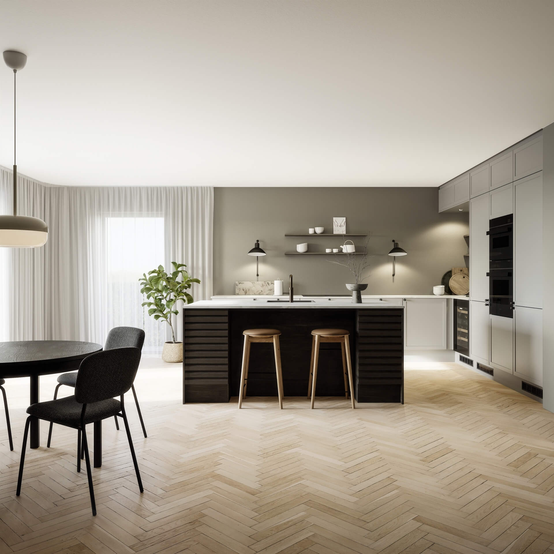 Classic by Designa kjøkken sandramme kombinert med Nature by Designa i rustikk mørk eik lameller