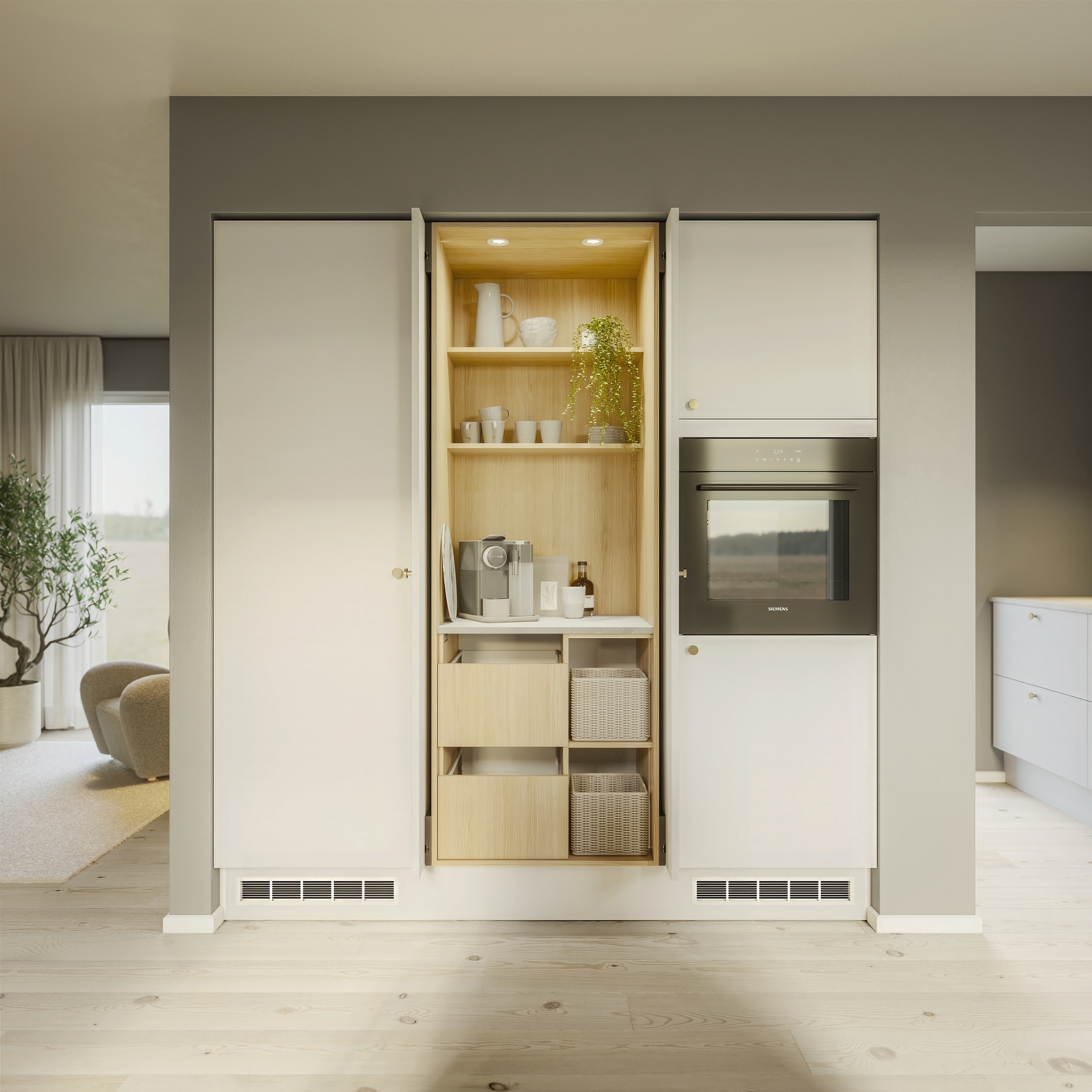 Color by Designa kjøkken i hvit med trestruktur eik