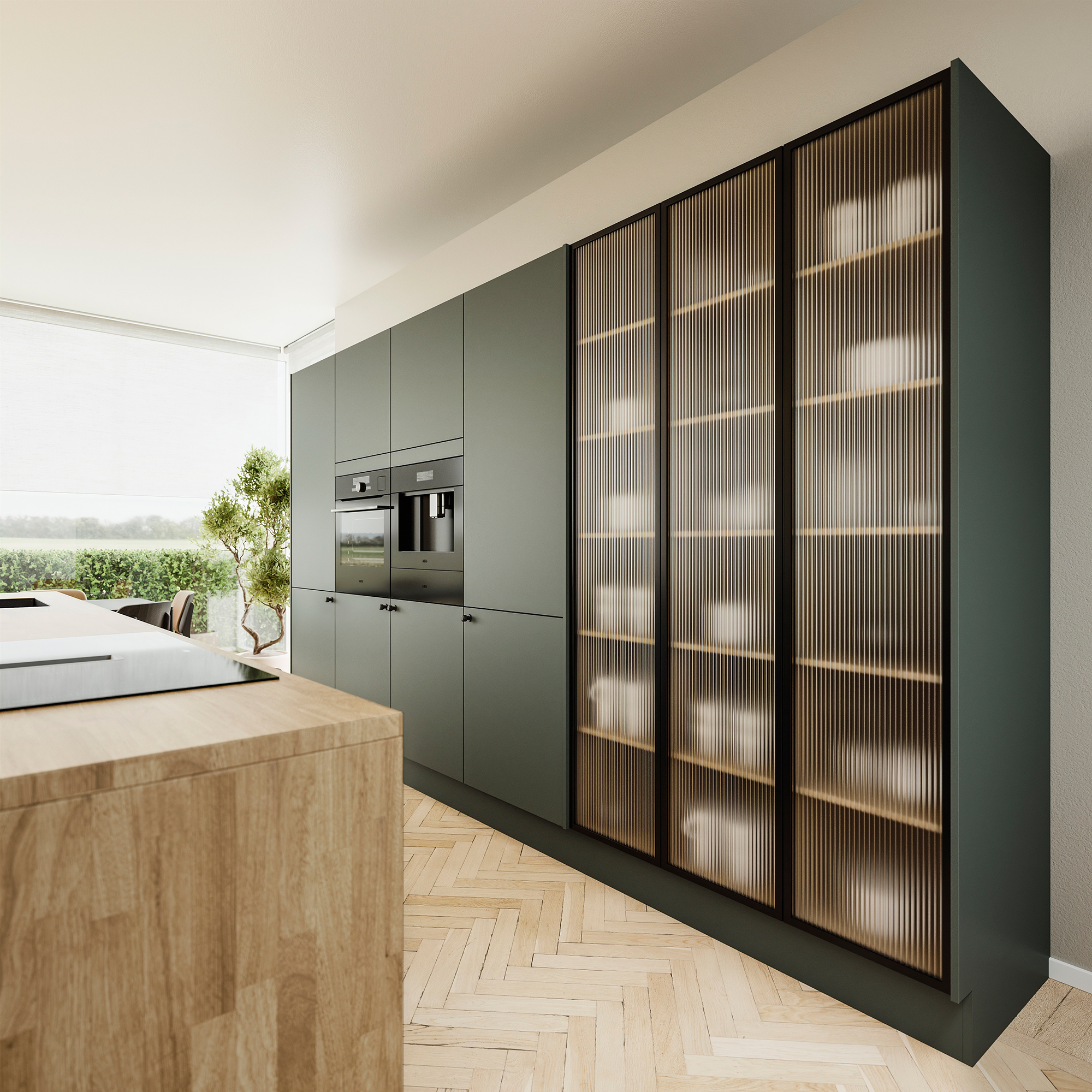 Silk by Designa køkken i grøn med riflet glas i sort alu-ramme