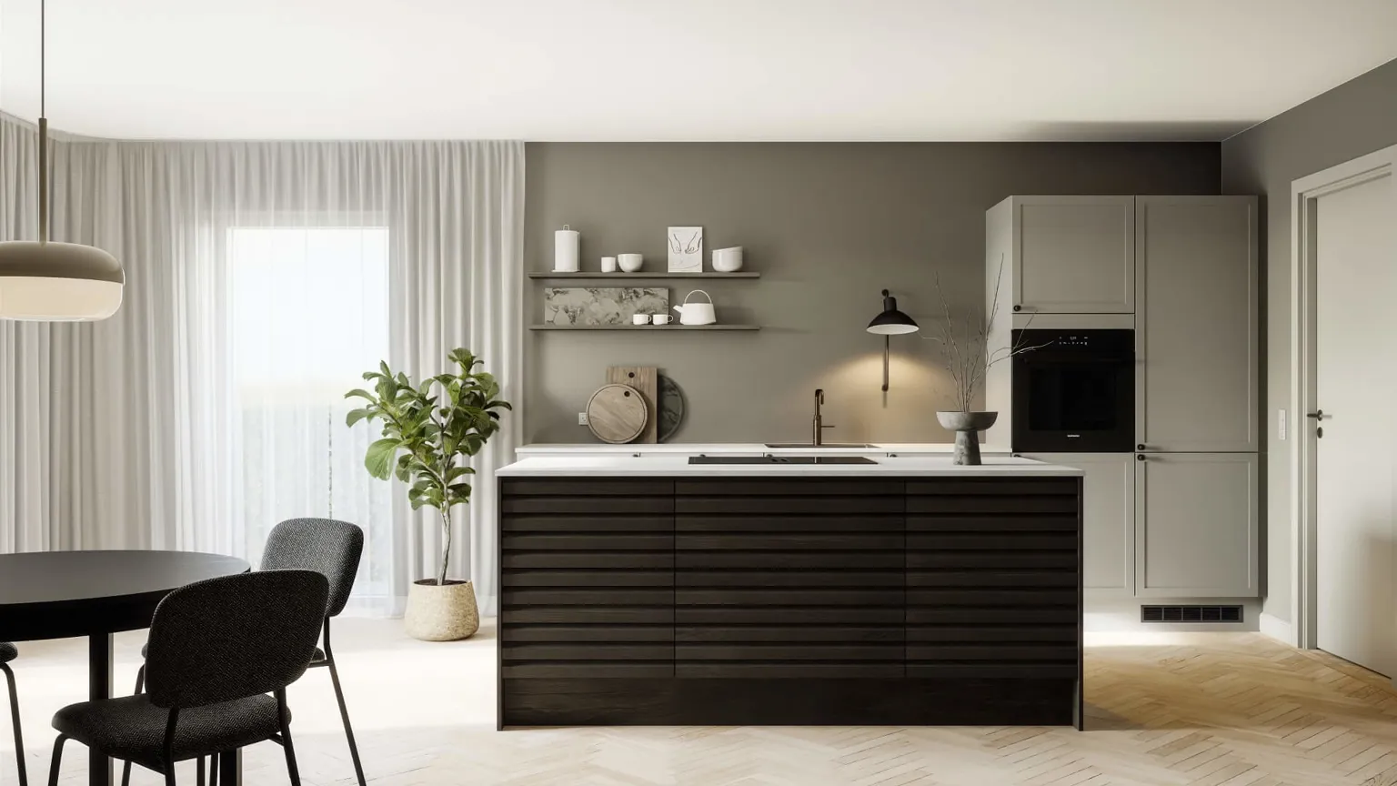 Classic by Designa kjøkken sandramme kombinert med Nature by Designa i rustikk mørk eik lameller