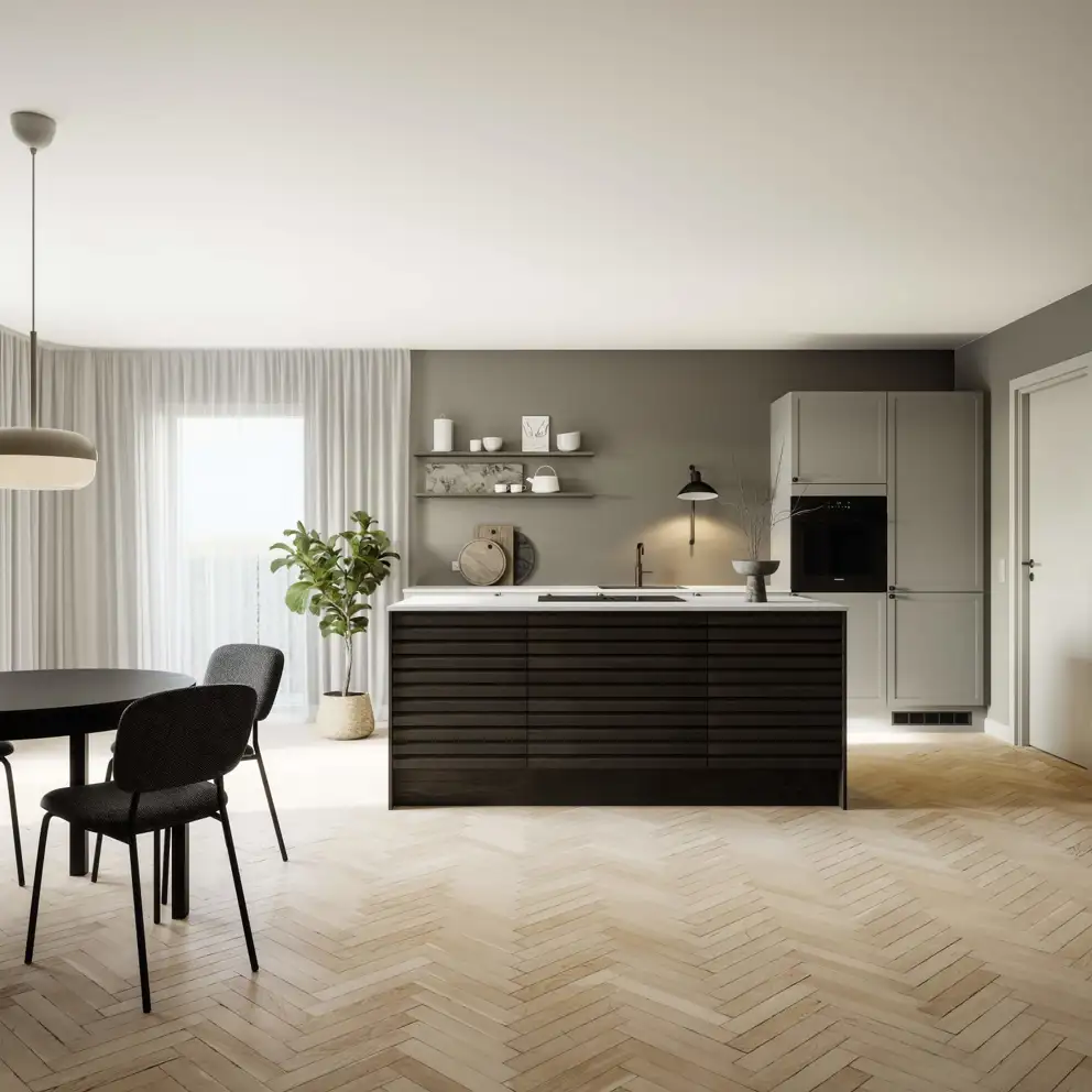 Classic by Designa kjøkken sandramme kombinert med Nature by Designa i rustikk mørk eik lameller