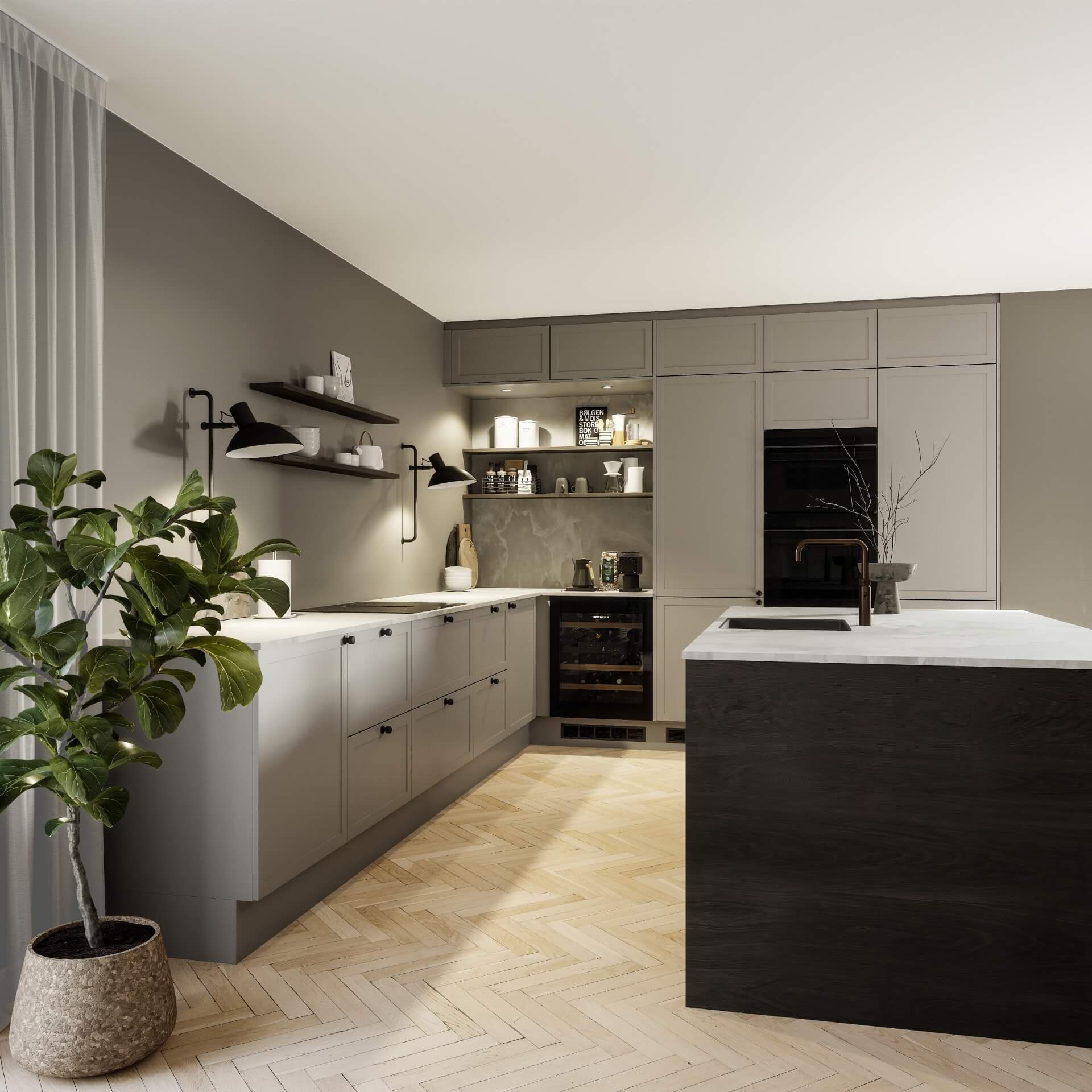 Classic by Designa kjøkken sandramme kombinert med Nature by Designa i rustikk mørk eik lameller