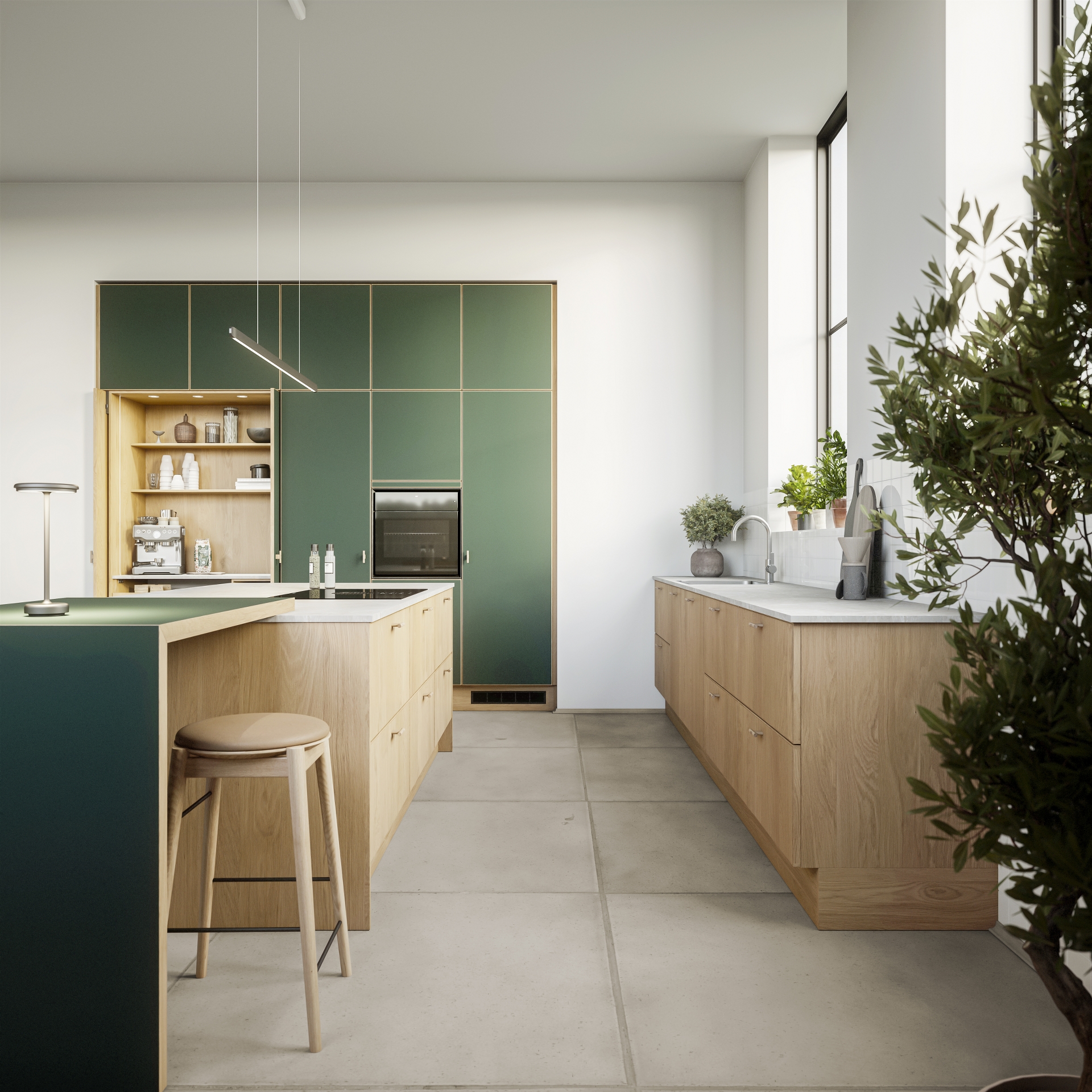 Nature by Designa kjøkken i rustikk natur eik og grønn linoleum