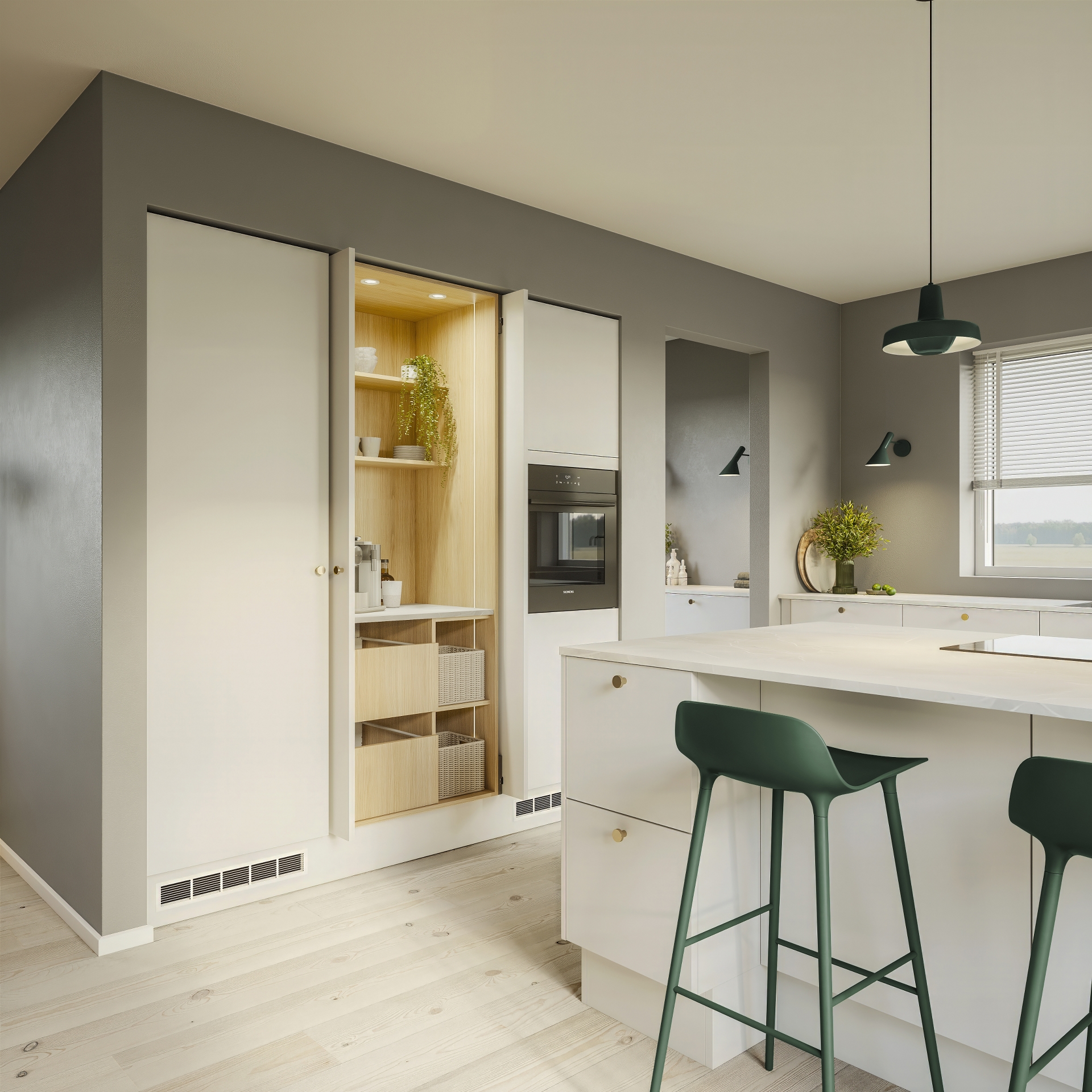 Color by Designa kjøkken i hvit med trestruktur eik