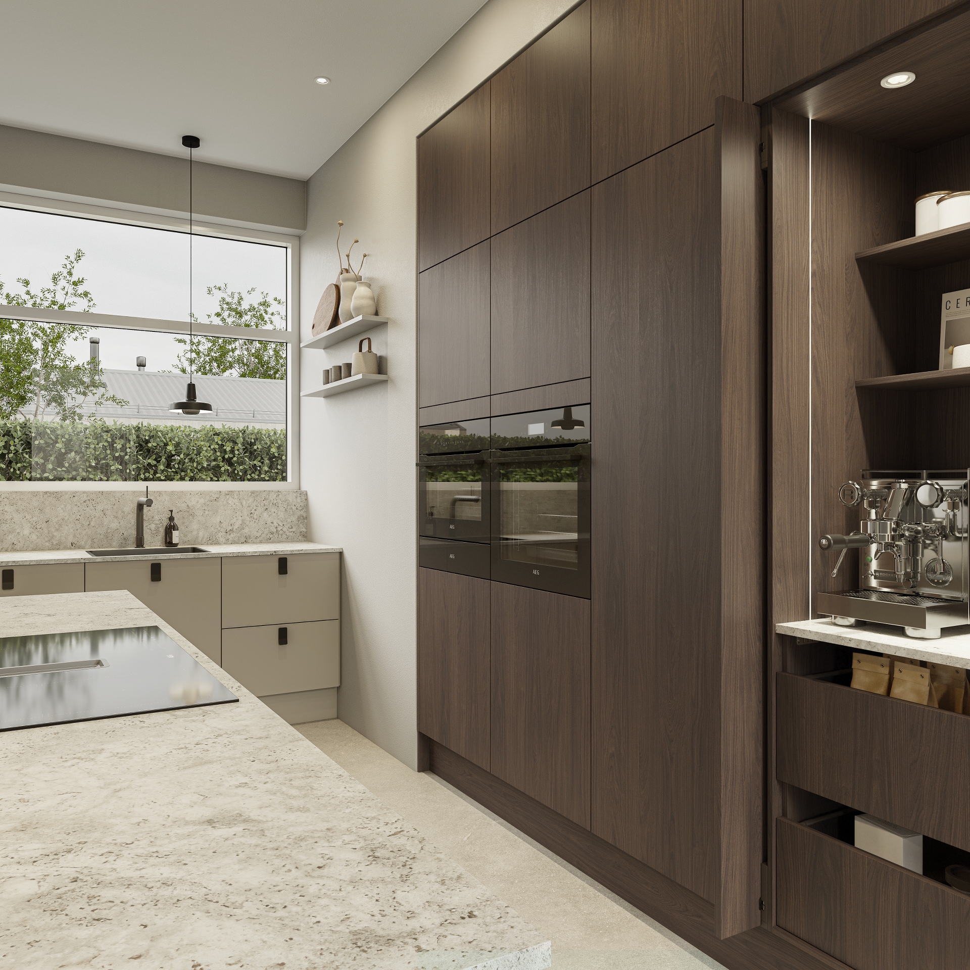 Modern by Designa mørk eik kjøkken og Silk by Designa gråbrun