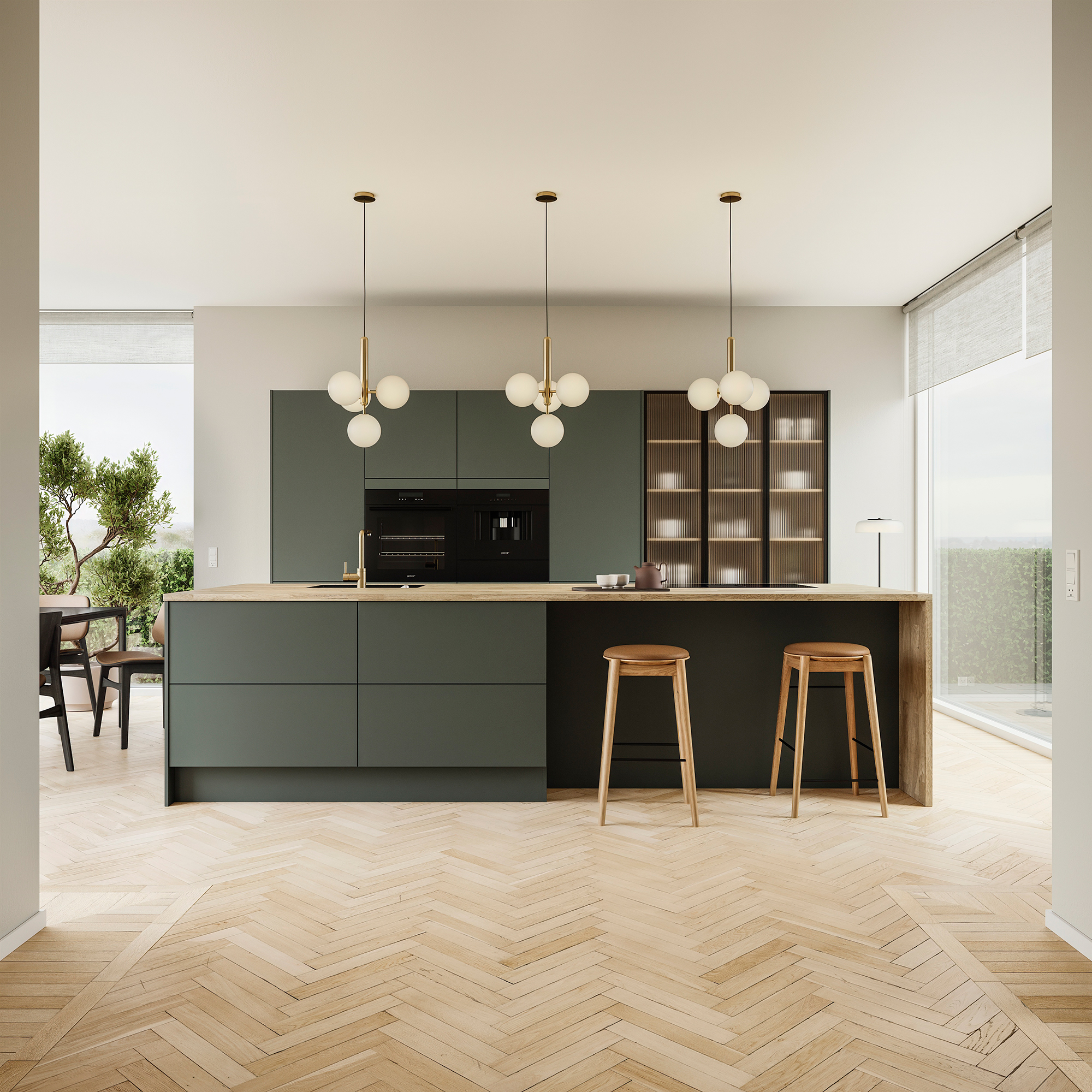 Silk by Designa køkken i grøn med riflet glas i sort alu-ramme