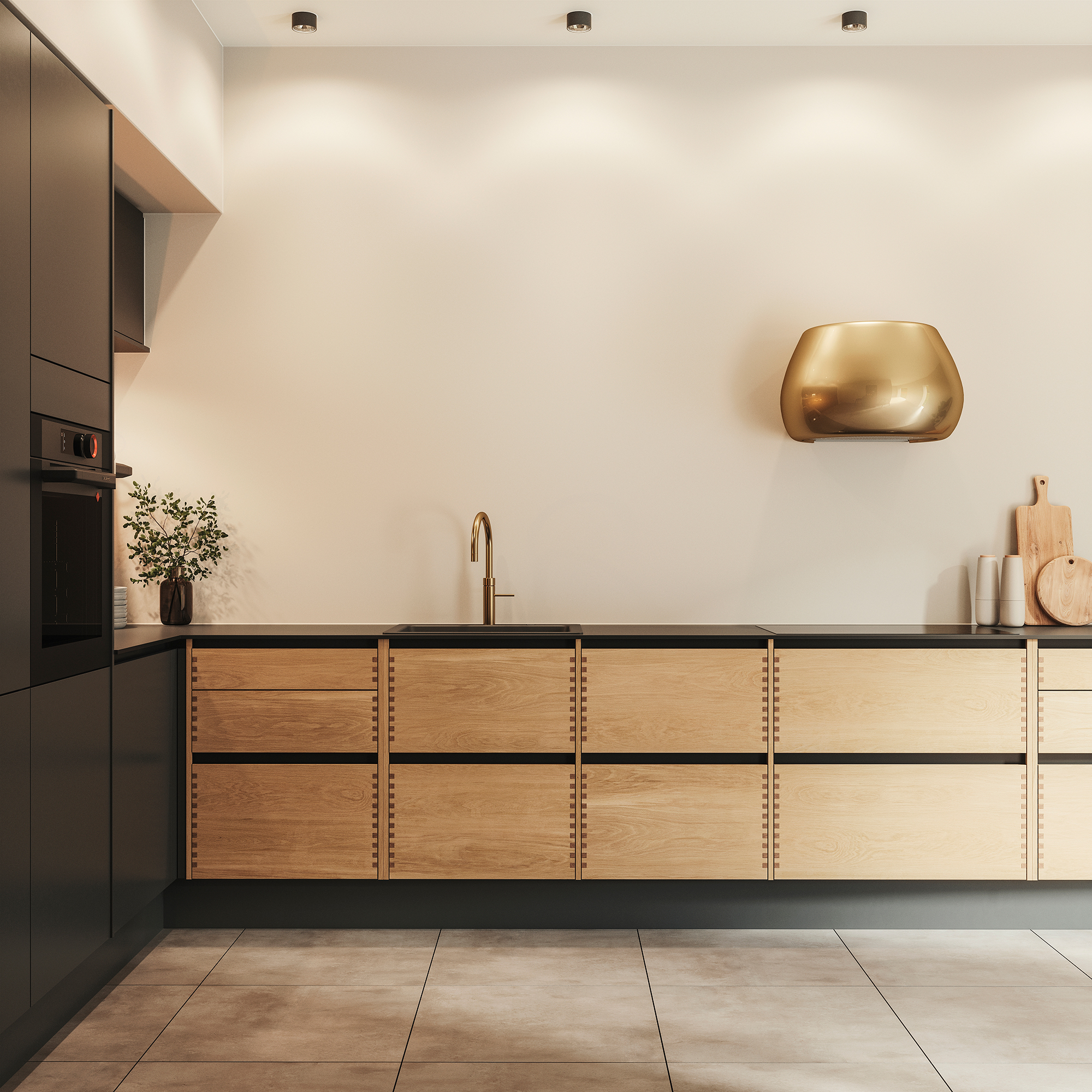 Silk by Designa køkken i sort kombineret med Nature by Designa fingertappet eg 