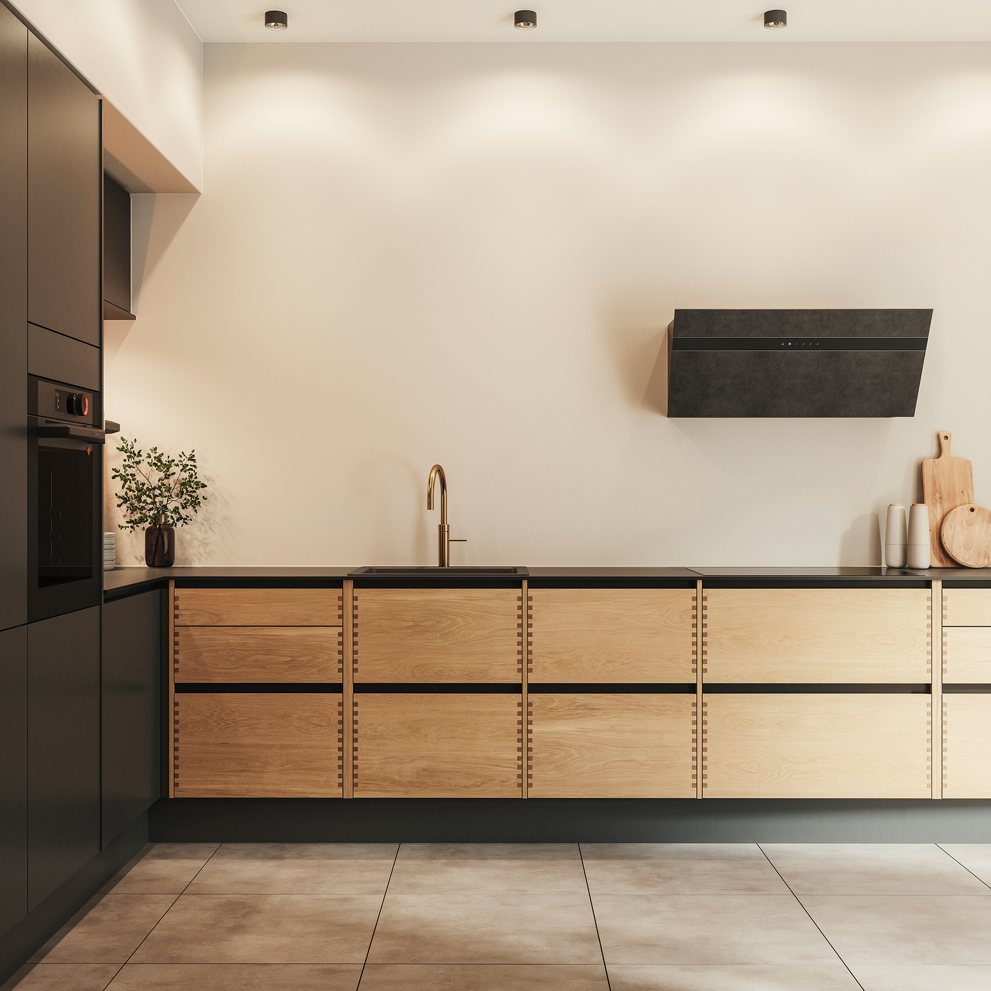 Silk by Designa køkken i sort kombineret med Nature by Designa fingertappet eg 