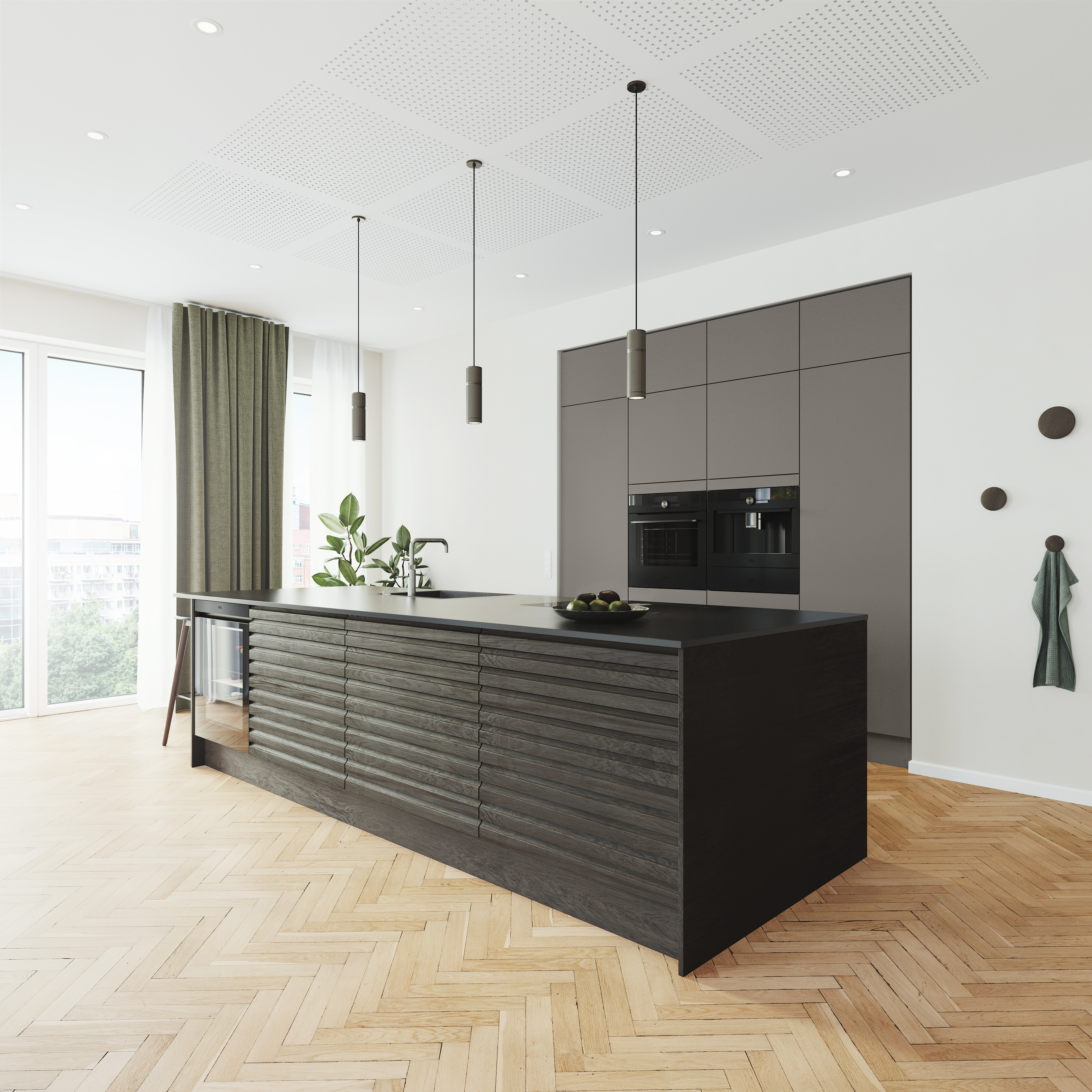 Silk by Designa grå kjøkken kombinert med Nature by Designa i rustikk mørk eik